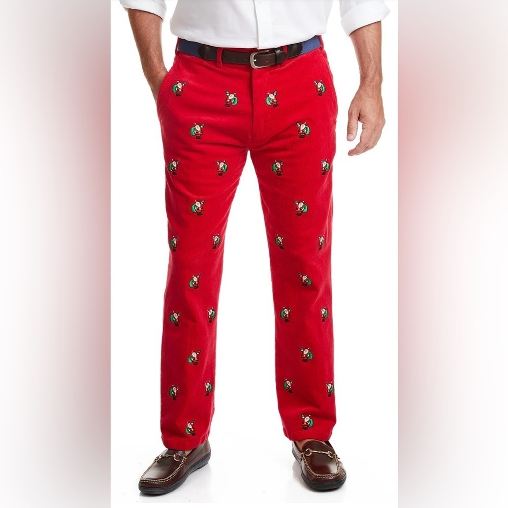 Beachcomber Bright Red Corduroy Holiday Pants Sz: 38UF  Embroidered Santas.